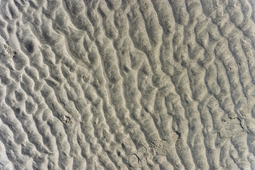 A close-up view of natural sand ripples created by the movement of water. The texture is wavy and uneven, with a series of curved ridges and valleys.