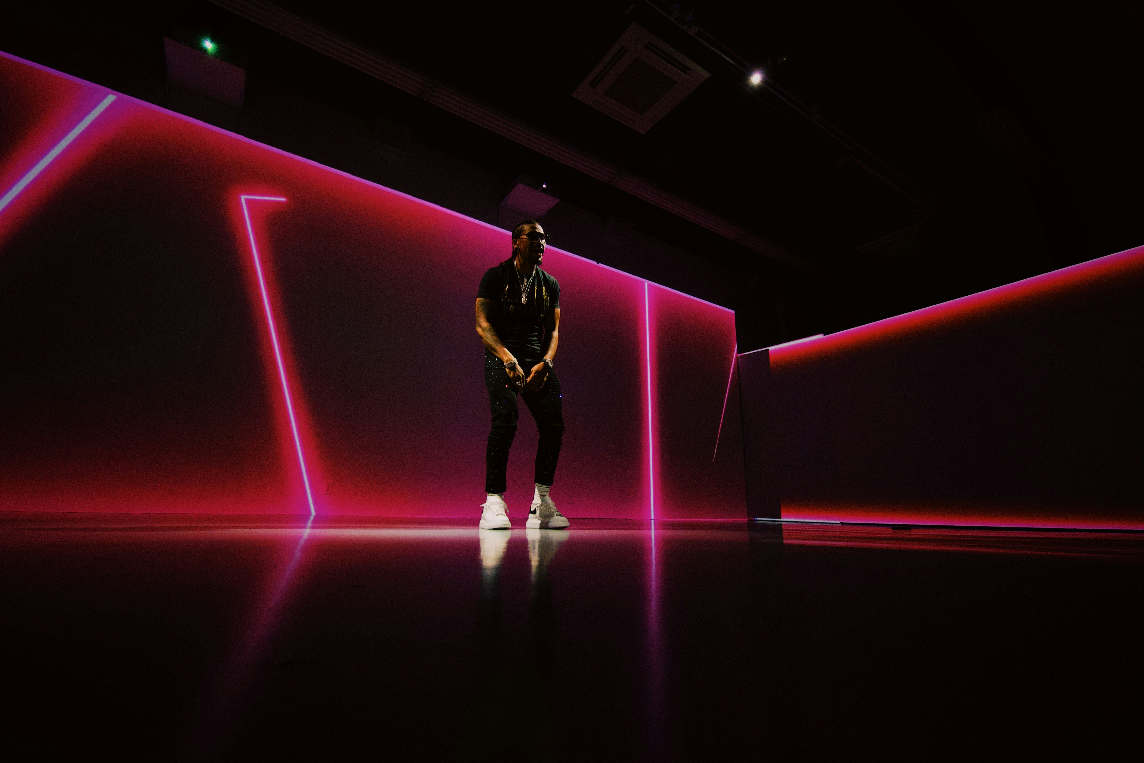 Modern minimal virtual dance studio with neon lights