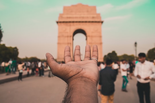 person holding brown concrete arch in India Gate India