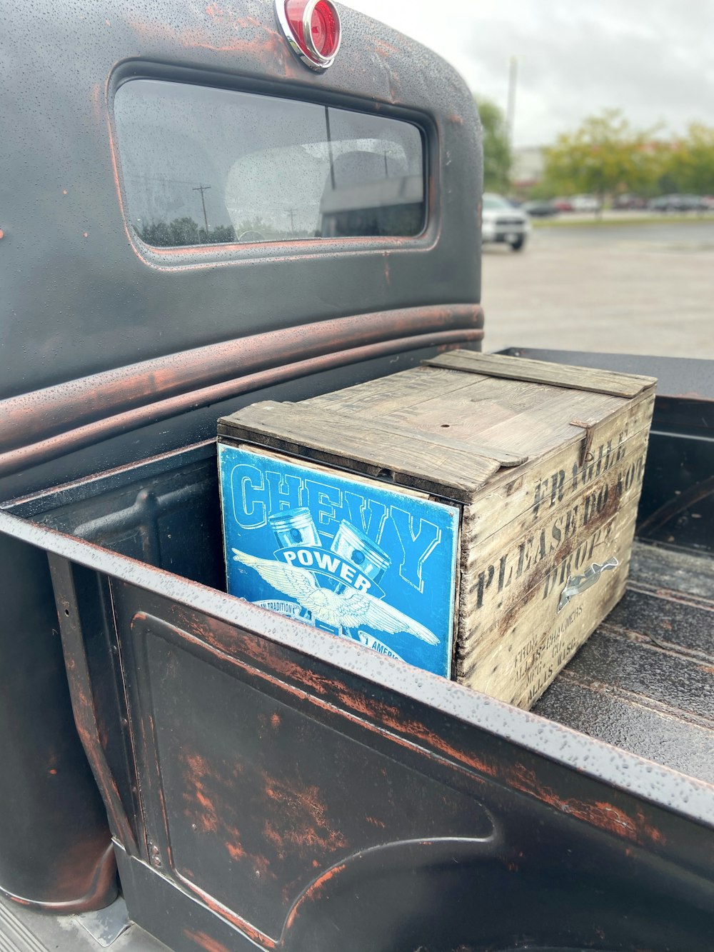 blue and white wooden box