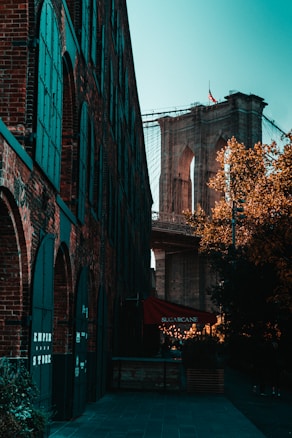 A cityscape featuring a prominent bridge in the background. The foreground includes a brick building with arched windows and a small courtyard. Decorative lights are strung around a seating area covered by a red awning bearing the name 'SUGARCANE'. Leafy trees add a natural element to the scene.