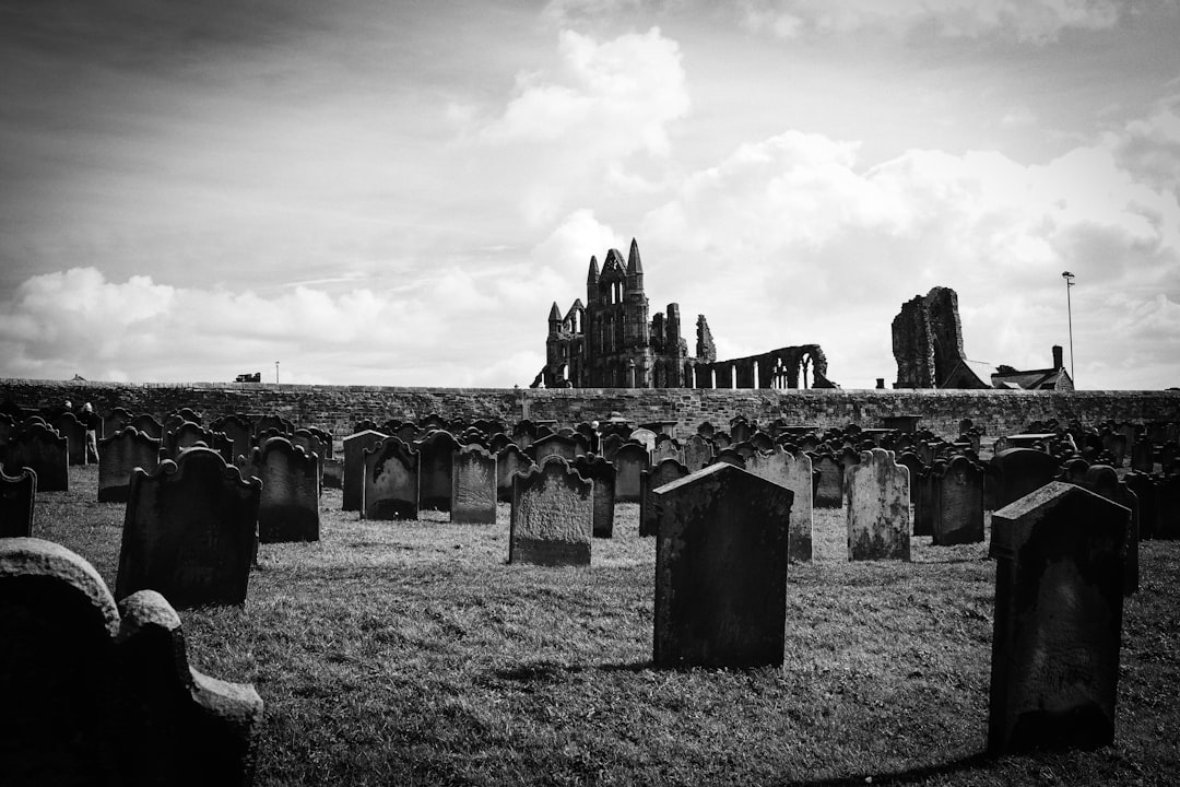 grayscale photo of ruins on grass field