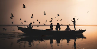 silhouette of people riding on boat during sunset