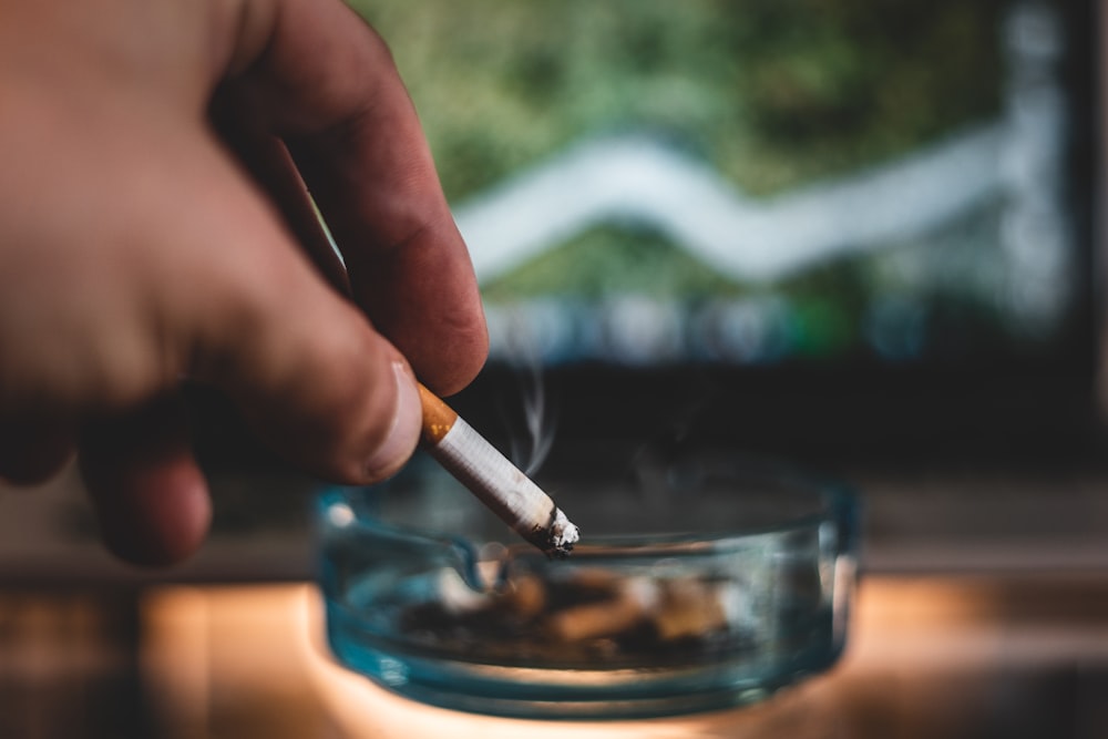 Blue glass ash tray and cigarette stick, Ashtray Cigarette Tobacco