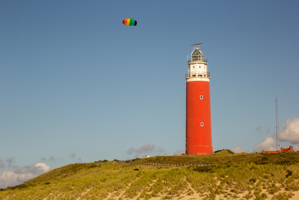 red and white lighthouse on green grass field under blue sky during daytime