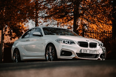 white bmw m 3 coupe parked near brown trees during daytime