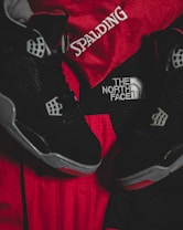 Black athletic shoes are placed alongside red and black sportswear bearing logos from Spalding and The North Face.