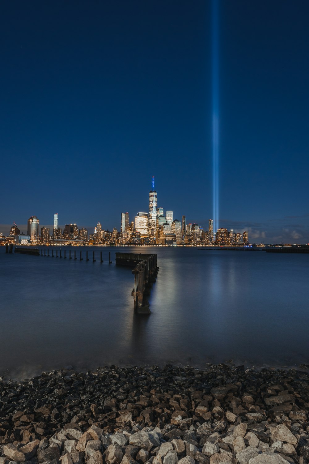 city skyline during night time