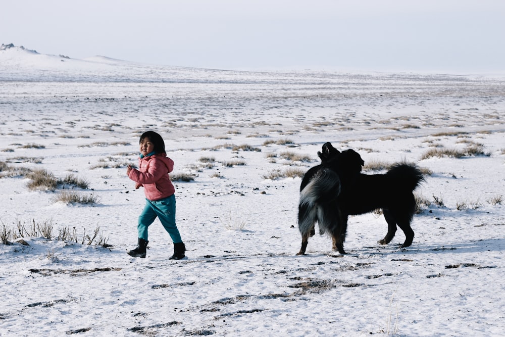 girl in blue jacket and black pants walking on snow covered field with black dog during