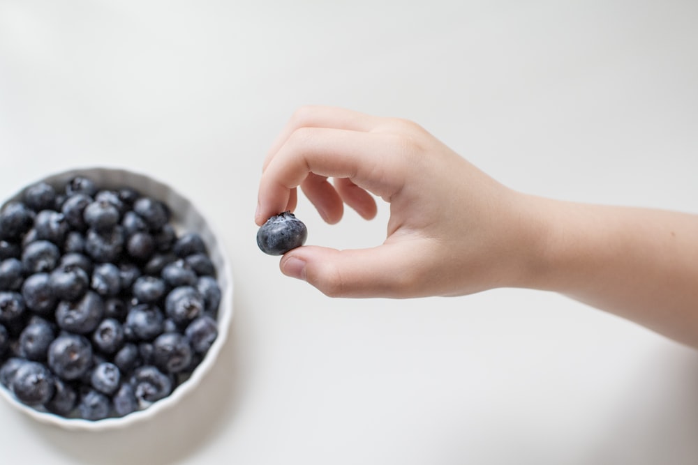 person holding white ceramic bowl with black berries