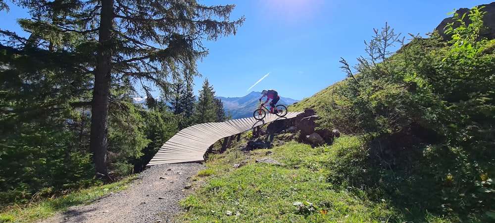 man in blue jacket riding bicycle on brown wooden bridge during daytime