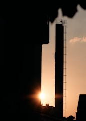 Technician carefully cleaning a residential chimney at sunset.