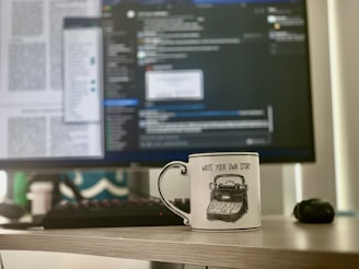 white and black ceramic mug beside black computer mouse