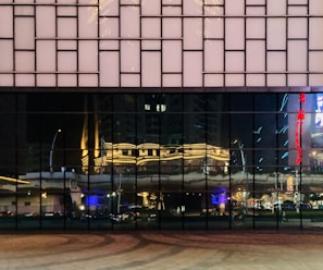 Wide shot of a storefront with polished ACM cladding reflecting city lights.