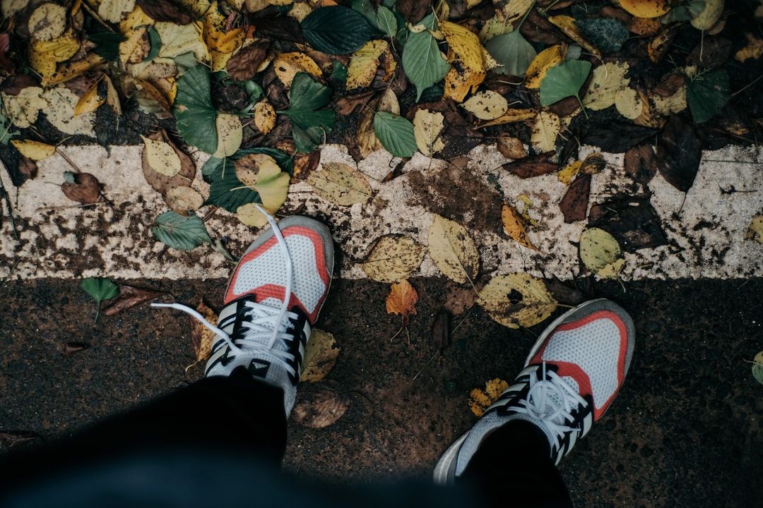 person wearing red and white sneakers