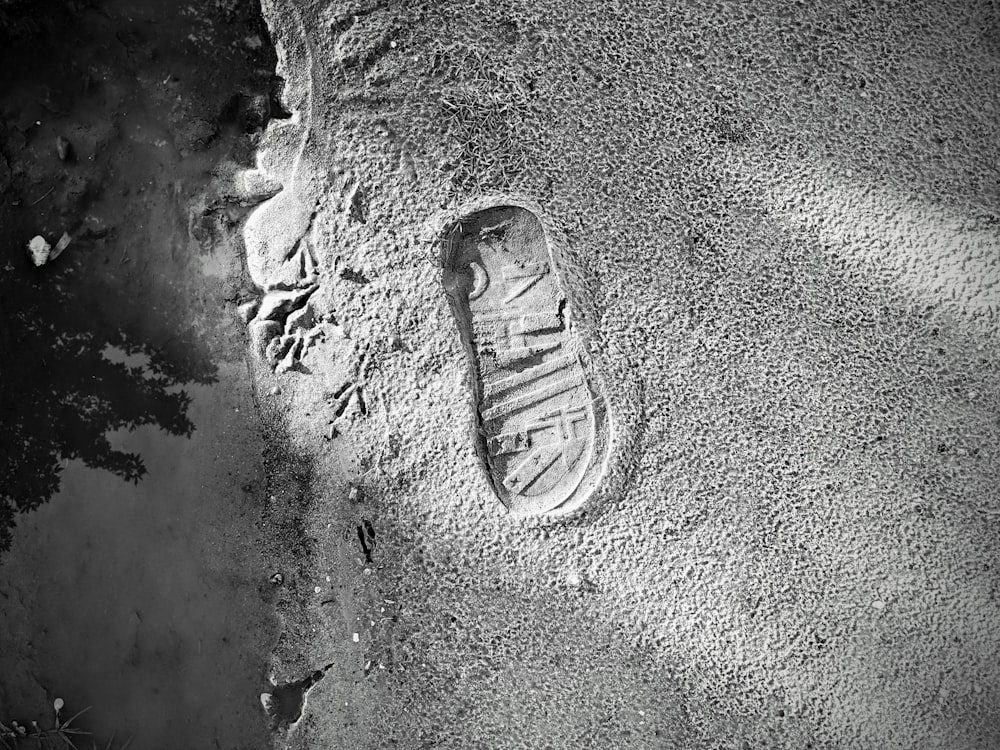 grayscale photo of persons foot on concrete floor