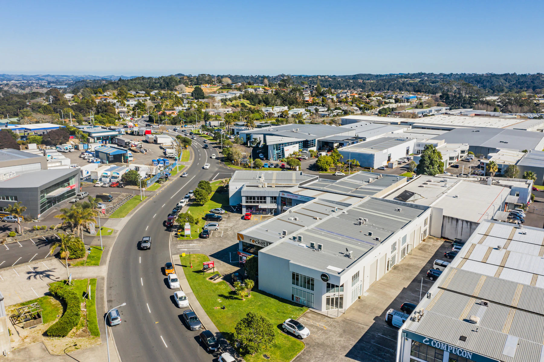 An industrial estate in Rosedale, Auckland, seen from above