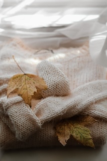 A soft, cream-colored knitted sweater is laid out with autumn leaves gently resting on top. The lighting is soft and diffused, creating a cozy and warm ambiance.
