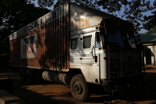 A large truck with a shipping container body parked in a shady area, surrounded by tall trees. The truck's cabin is metallic with a grille on the window, and the container has branding and signage on the side.