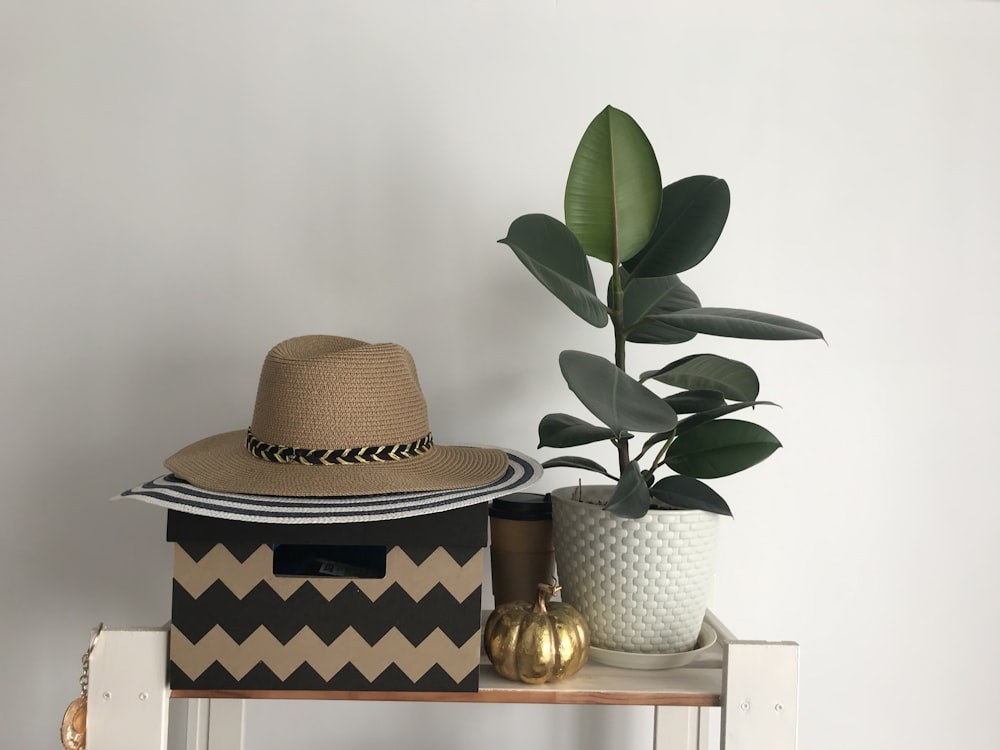 brauner und schwarzer Hut auf braunem Holztisch
