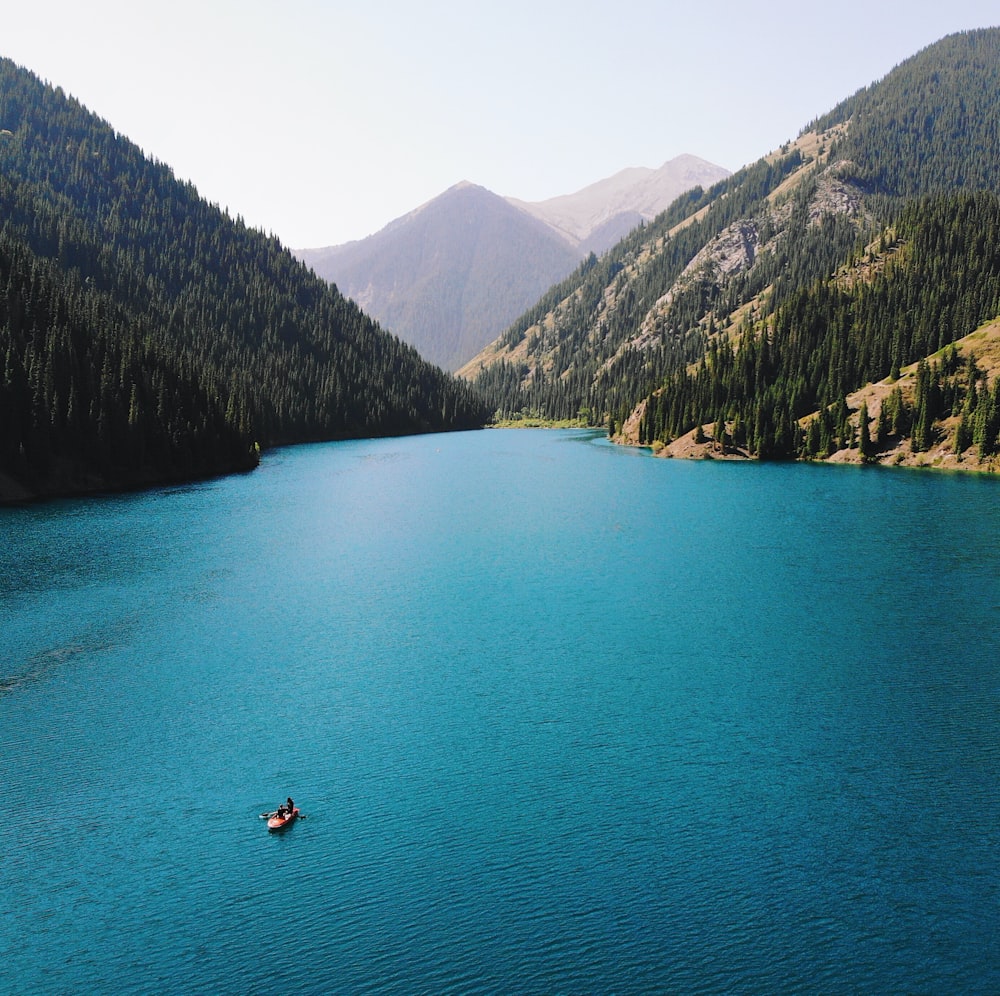 Grüner See tagsüber von grünen Bergen umgeben