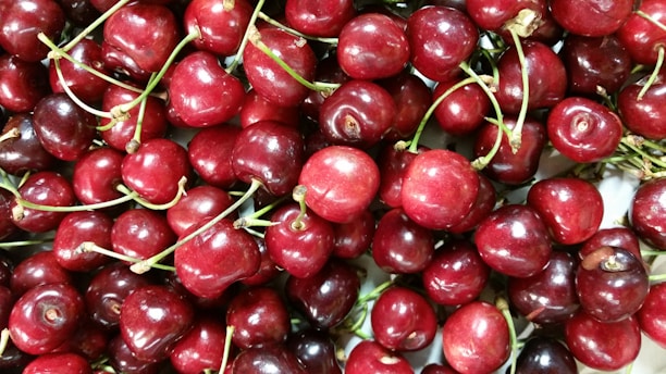 A close-up view of numerous ripe red cherries with shiny skins and small green stems intertwined. The cherries are tightly packed together, covering the entire area.