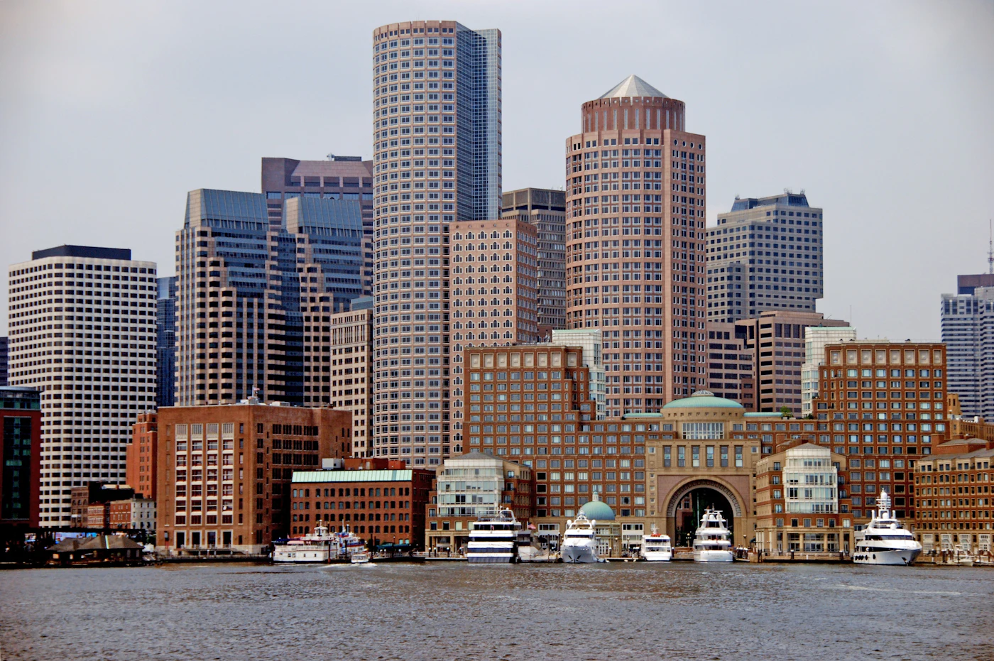 Boston skyline across the harbor on a clear day