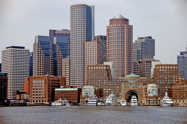 Boston skyline across the harbor on a clear day