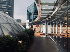 A modern architectural scene featuring a curved glass building structure reflecting light. There is a person standing near the entrance to a commercial establishment that appears to have signage with writing. To the left, a dome-shaped structure made of glass panels can be seen, surrounded by greenery.