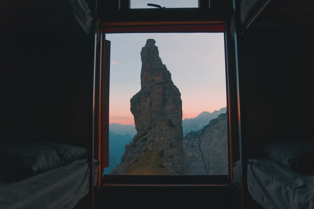 brown rock formation on window