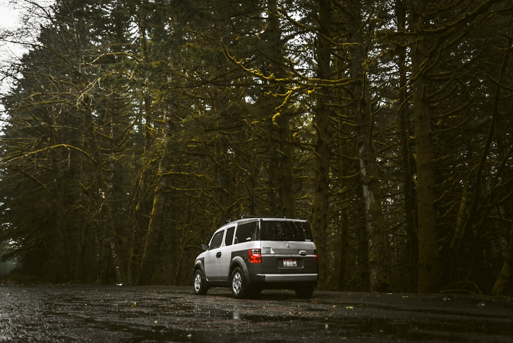 낮 동안 숲에 주차 된 흰색 SUV