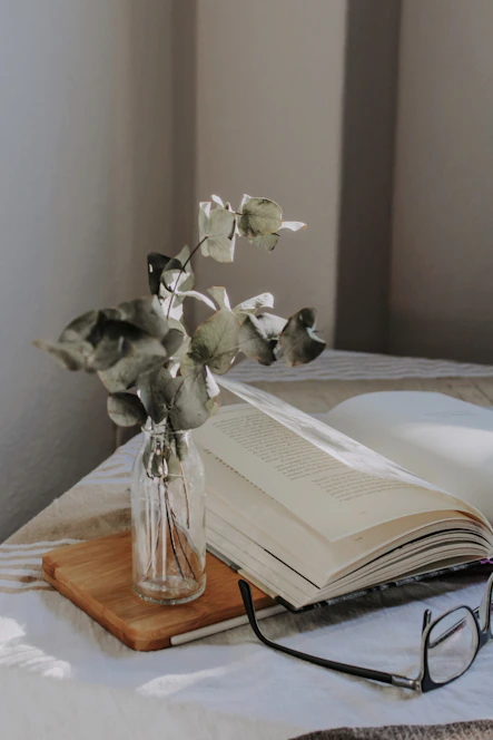 A cozy study nook with an open book, a steaming cup of tea, and soft natural light.