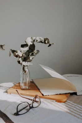 A peaceful workspace bathed in soft daylight with a vase of fresh eucalyptus.