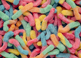 pink yellow and blue candies