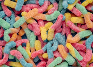 pink yellow and blue candies