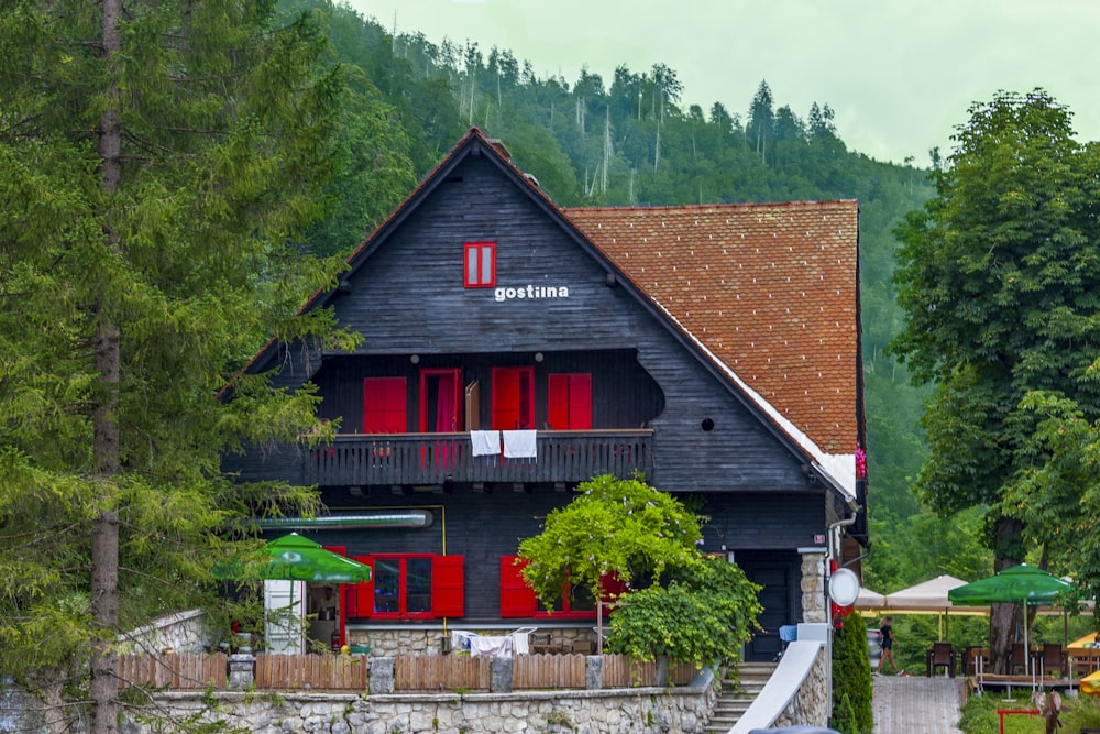 red and black wooden house near green trees during daytime