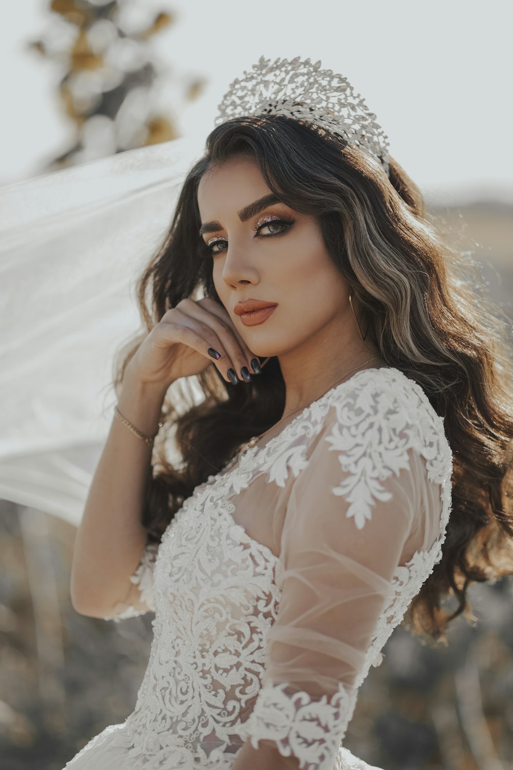 woman in white floral lace dress