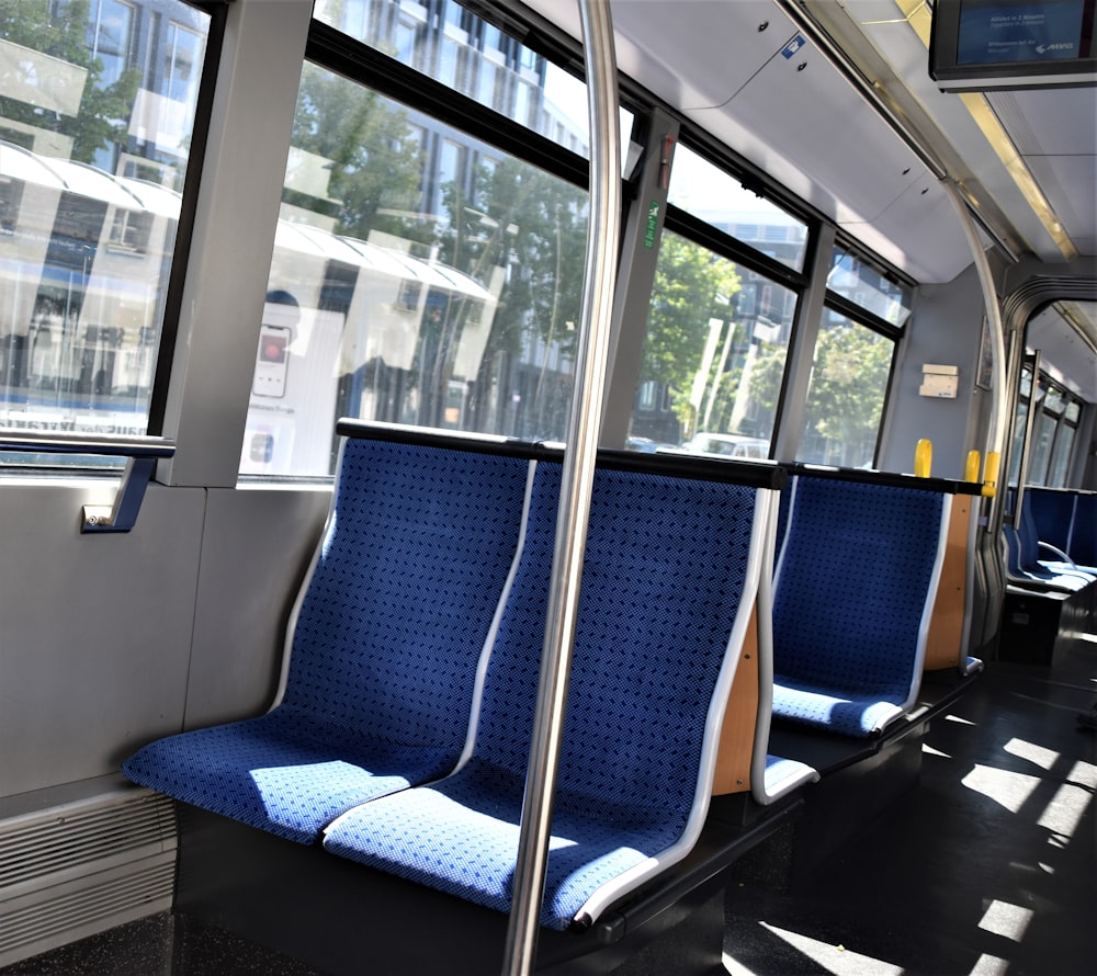 blue and white bus seat