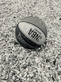 A basketball lies on a surface covered with wood chips. The ball displays NBA branding and appears worn, suggesting outdoor use. The background consists of a textured layer of small wooden pieces.
