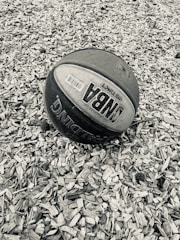 A basketball lies on a surface covered with wood chips. The ball displays NBA branding and appears worn, suggesting outdoor use. The background consists of a textured layer of small wooden pieces.