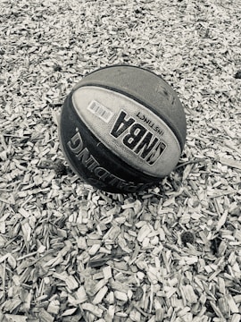 A basketball lies on a surface covered with wood chips. The ball displays NBA branding and appears worn, suggesting outdoor use. The background consists of a textured layer of small wooden pieces.