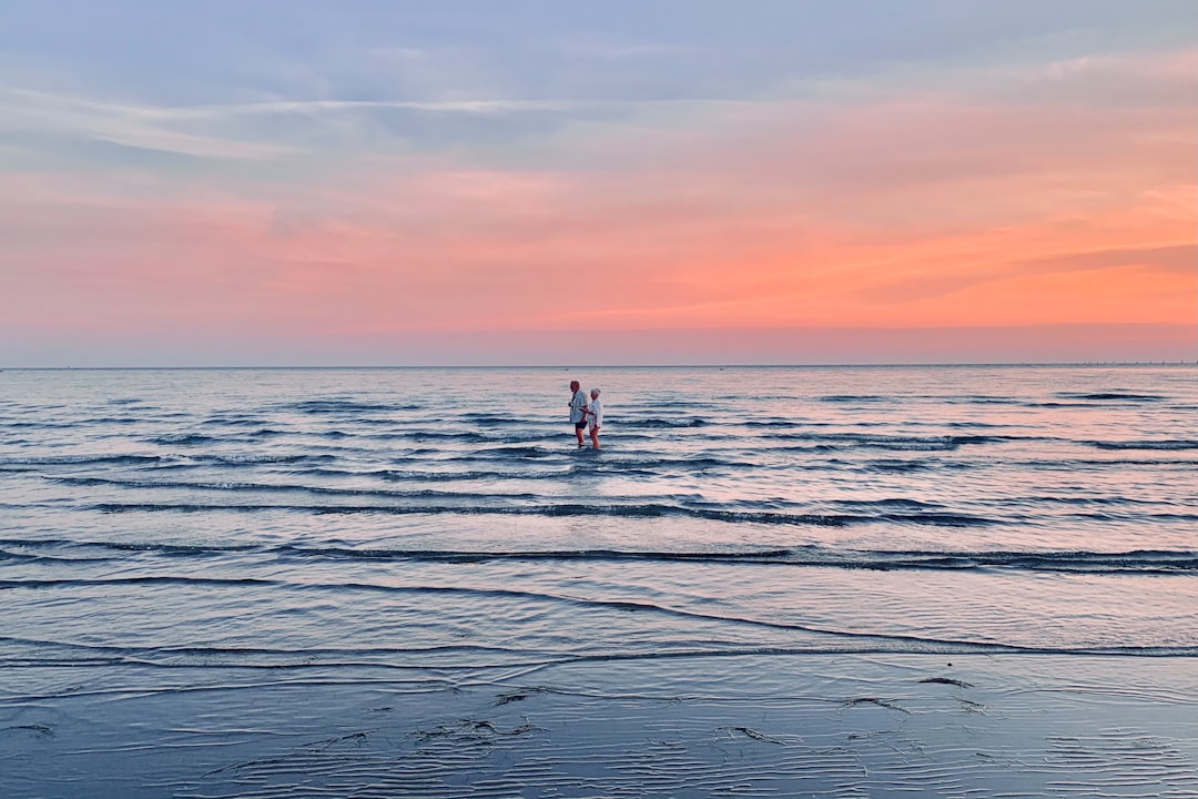 2 person standing on sea shore during sunset