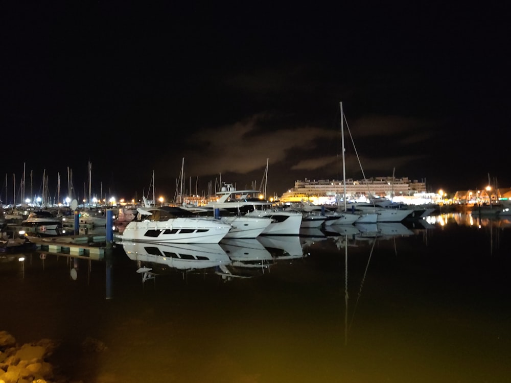 barcos brancos e azuis no mar durante a noite