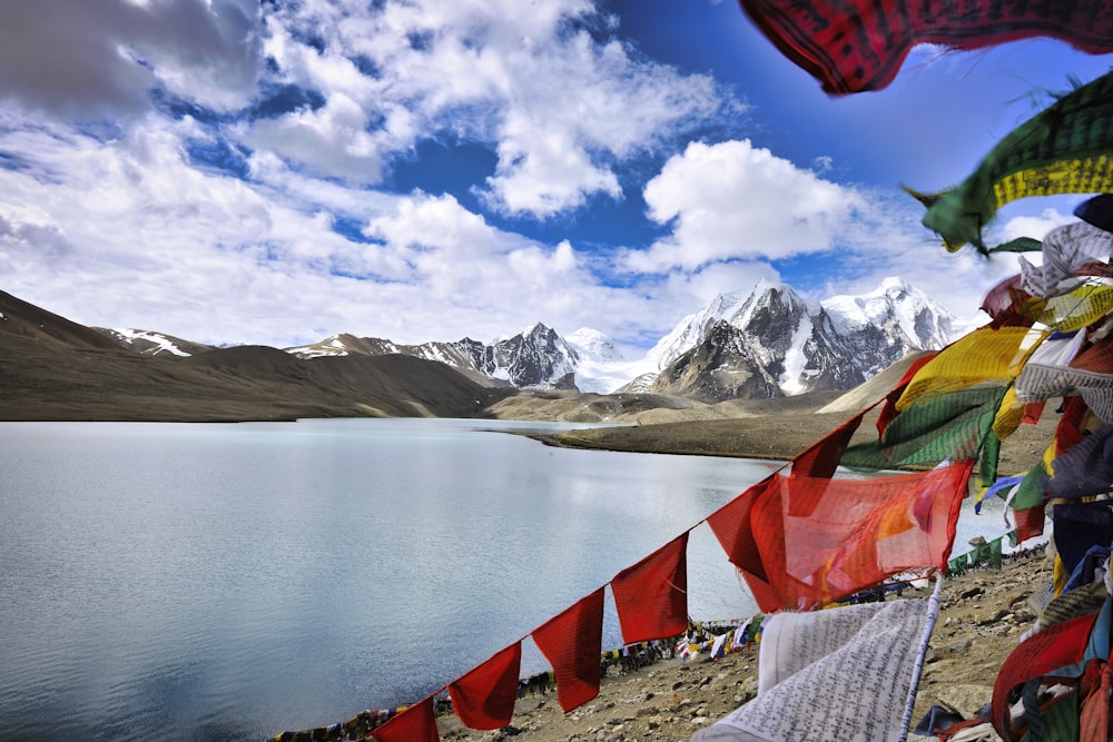 assorted flags on beach shore near snow covered mountains under blue and white sunny cloudy sky