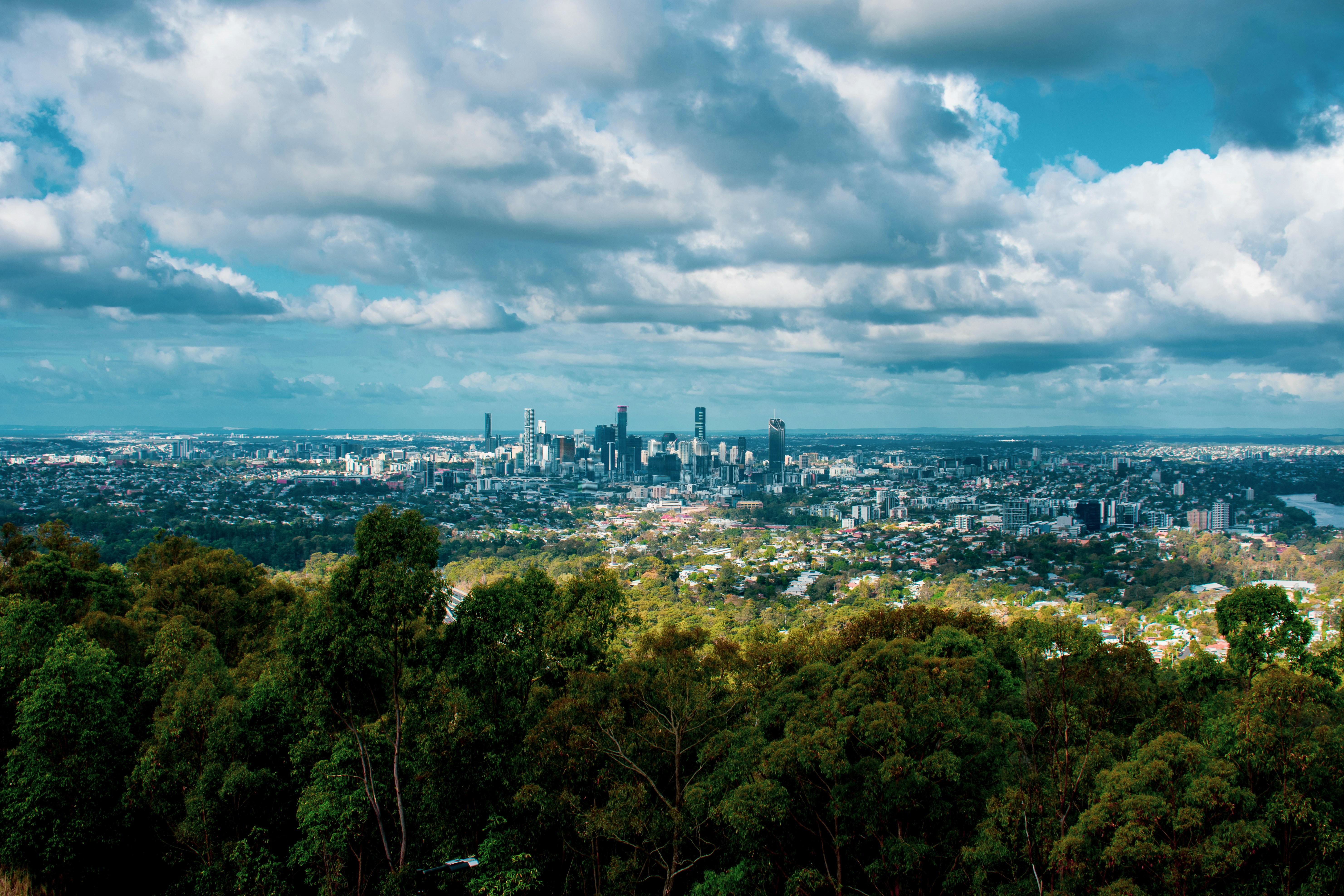 green trees near city buildings under white clouds and blue sky during daytime