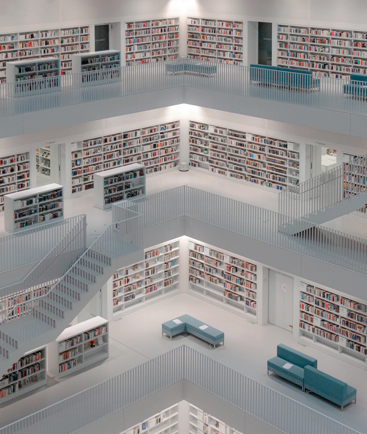 Old library books on shelves slowly dissolving into a thick gray mist