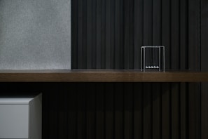 A minimalist interior featuring a wooden shelf against a dark, vertically paneled wall. A set of Newton's Cradle balance balls is placed on the shelf. The left side shows a small white cabinet partially visible under the shelf.