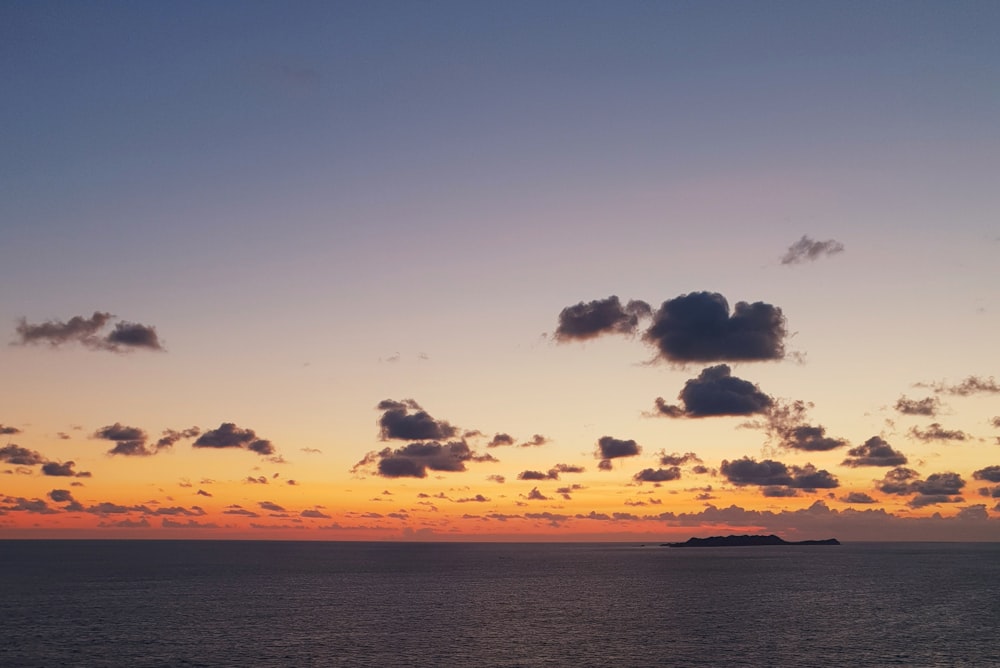 silhouette of birds flying over the sea during sunset