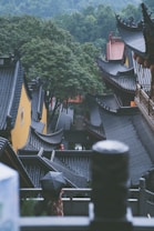 A serene scene of traditional East Asian architecture with intricately designed roofs leading down a pathway flanked by lush green trees. A person holding an umbrella stands in the foreground, partially obscured, adding a sense of scale and life to the calm, overcast setting.