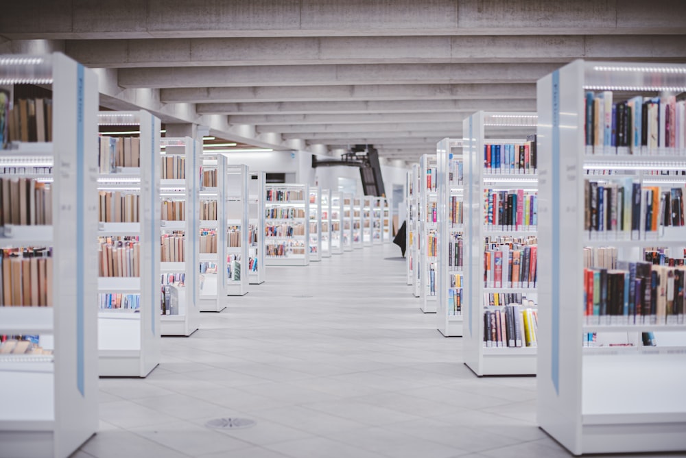 Scaffale in legno bianco con libri